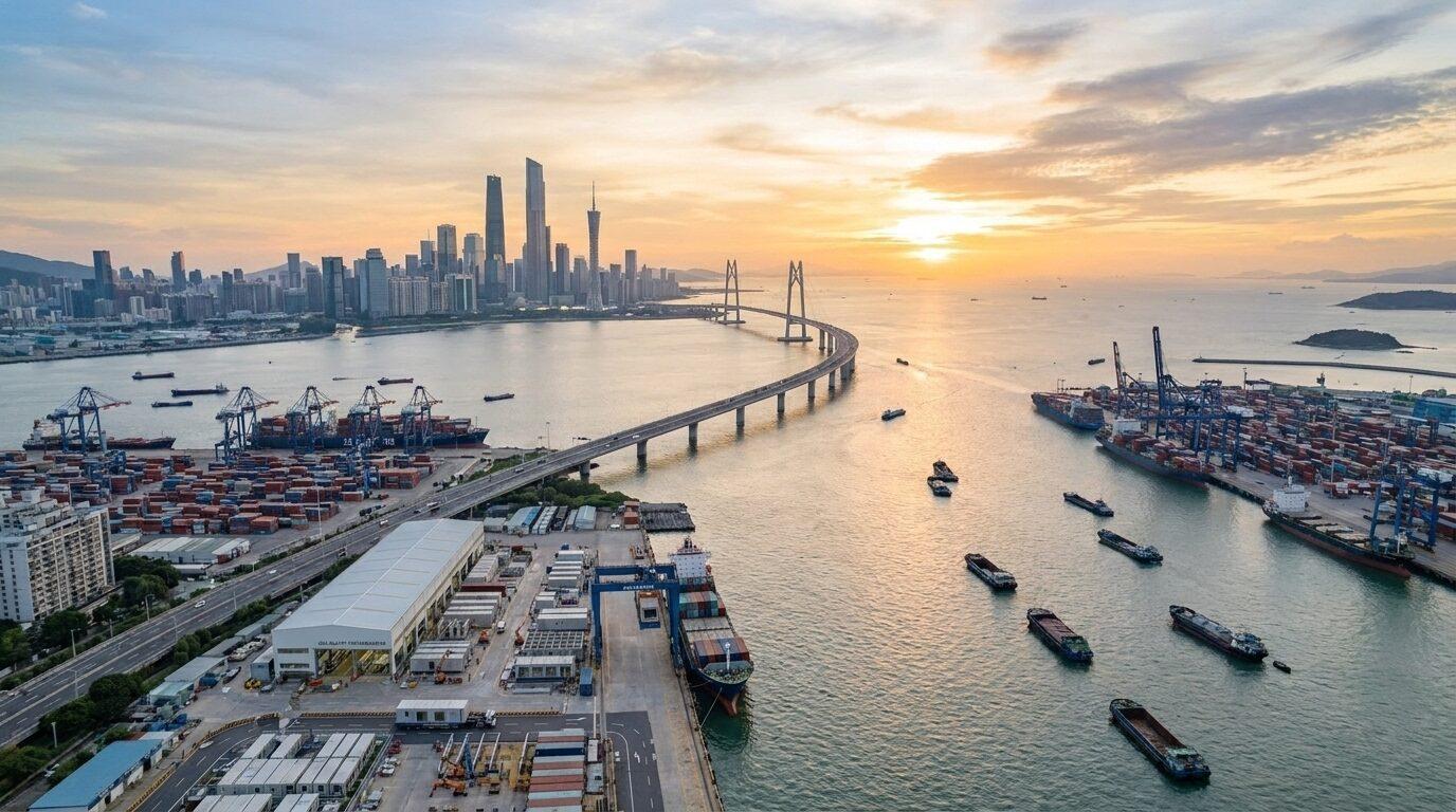 航拍：日落时分的粤港澳大湾区——深圳天际线、跨海大桥与集装箱码头及远洋货轮，北都的模块化产品由此启运出海